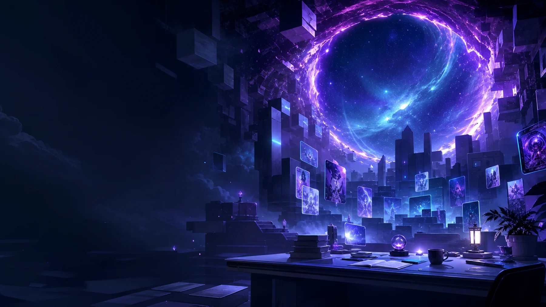 Original violet and cyan cosmic archive artwork for Anime Expansion Hub